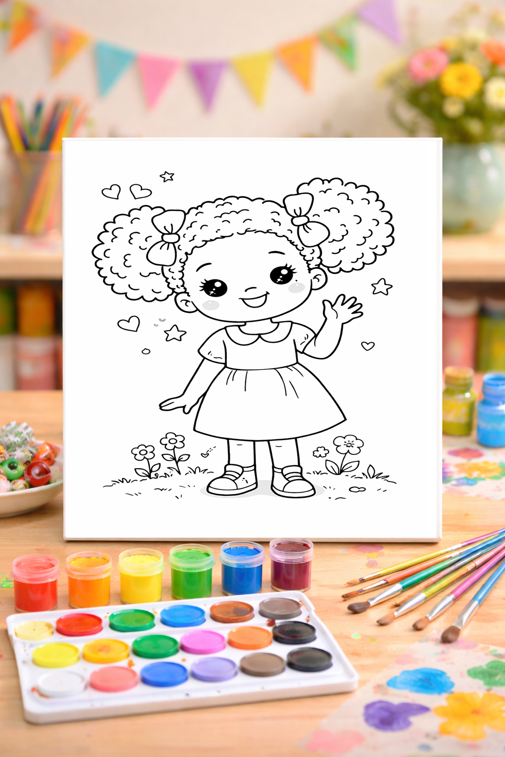 Girl with Afro Puffs - Paint Party Kit - 8"x10" Pre-Drawn Canvases