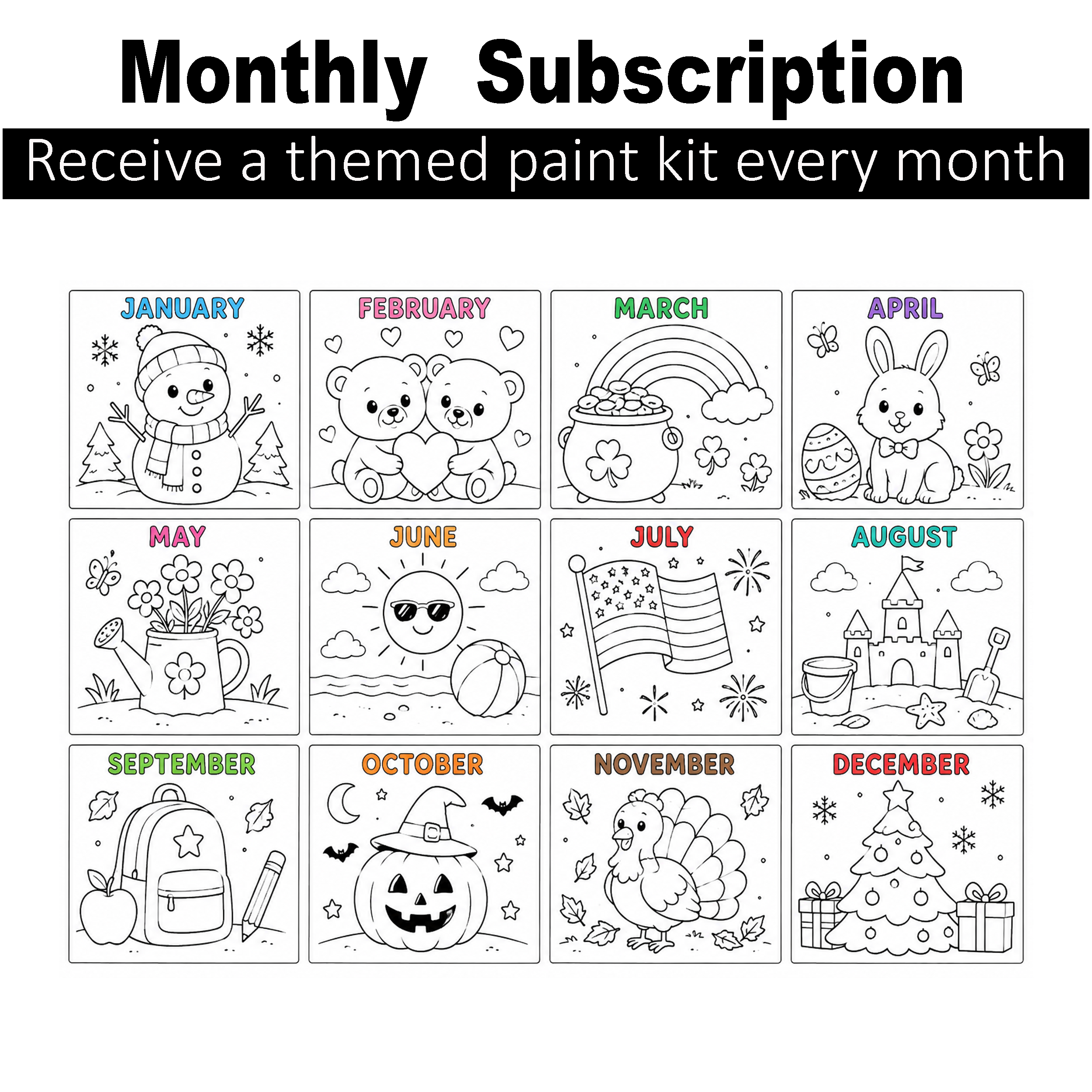 Subscription - Monthly Paint Kit - 12 Pre-Drawn Canvases