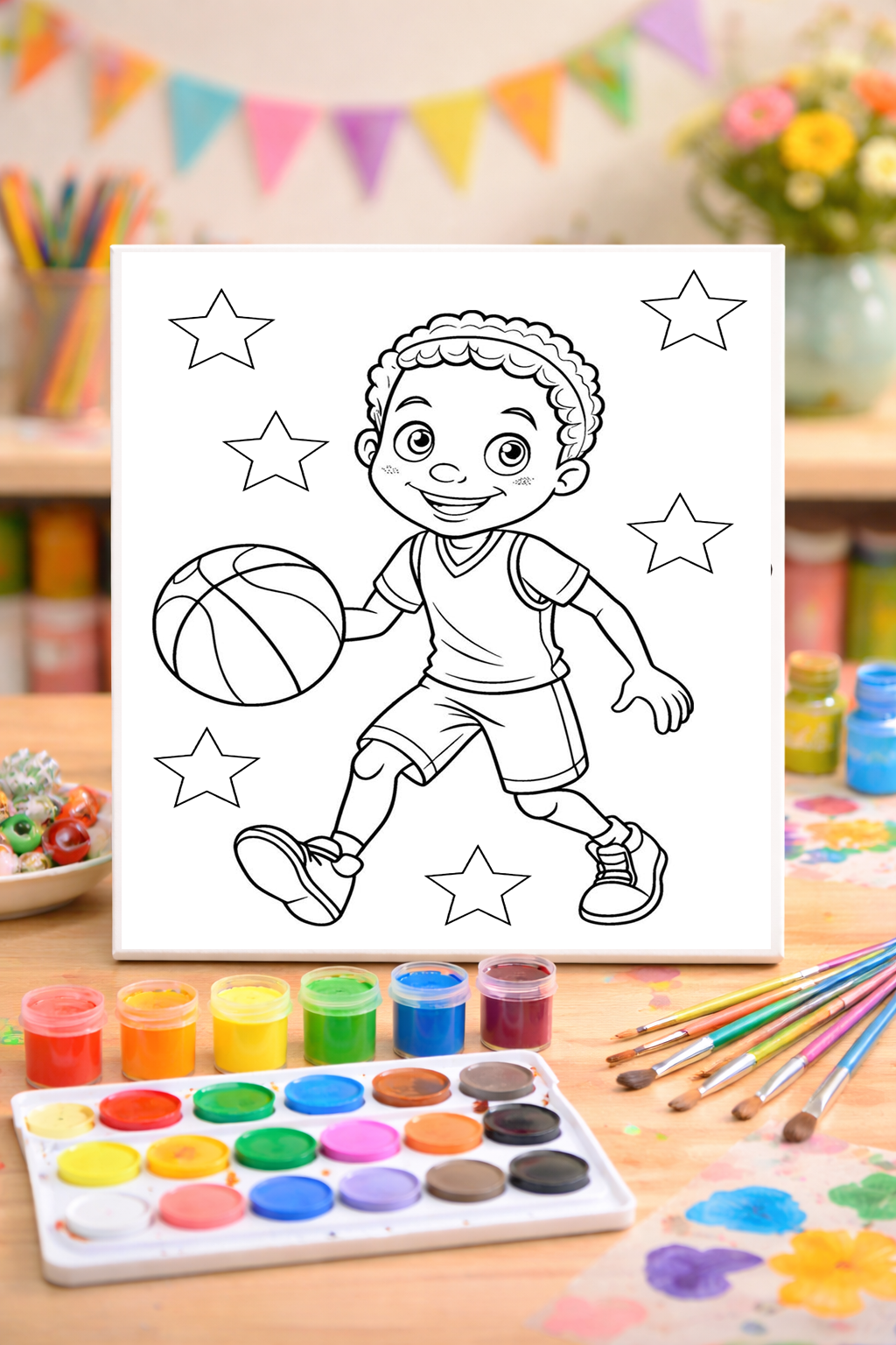 Boy with Basketball - Paint Party Kit - 8"x10" Pre-Drawn Canvases